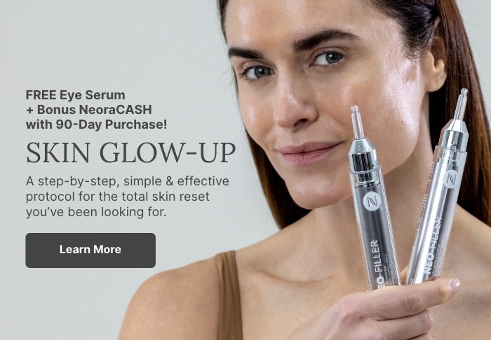 A woman holds a Neo-FILLER tube to her face. Accompanying text mentions you can more learn more about a 90-Day Skin Glow-Up.